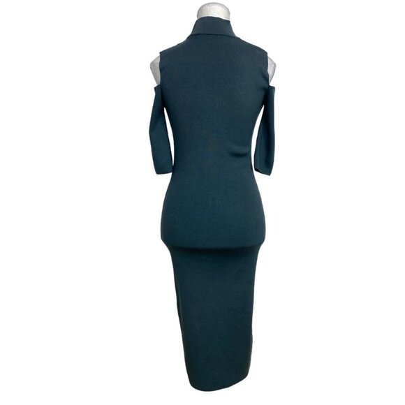 BSL MUTED BLUE COLD SHOULDER MOCK NECK KNITTED BODYCON MIDI DRESS - XS - Picture 3 of 8